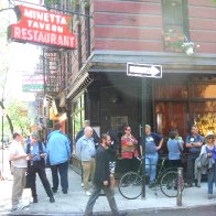 Preparing to film outside the Minetta Tavern, a place frequented by  Dylan Thomas