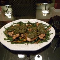 Salmon with Haricots Verts, Yellow Peppers, and Dill-Pistachio Pistou
