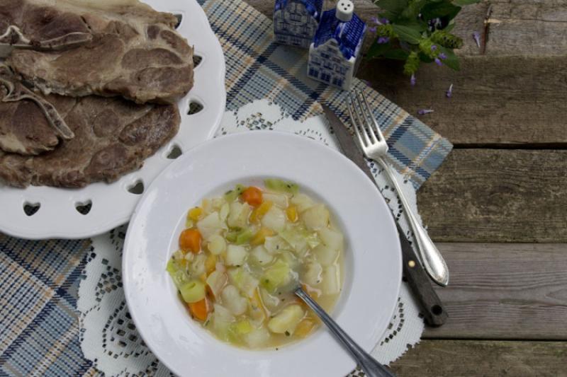 pork blade steak with cawl ready to serve