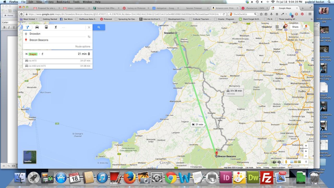 Google maps route Snowdon to Brecon Beacons
