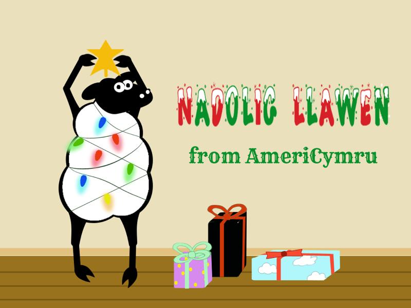 e-card image sheep decorated like a Christmas tree with lights and presents with text Nadolig Llawen from AmeriCymru